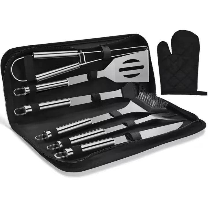 Kit de herramientas para barbacoa de acero inoxidable con bolsa de transporte, utensilios para barbacoa con guante para barbacoa para hombres y mujeres (7 piezas) - 1