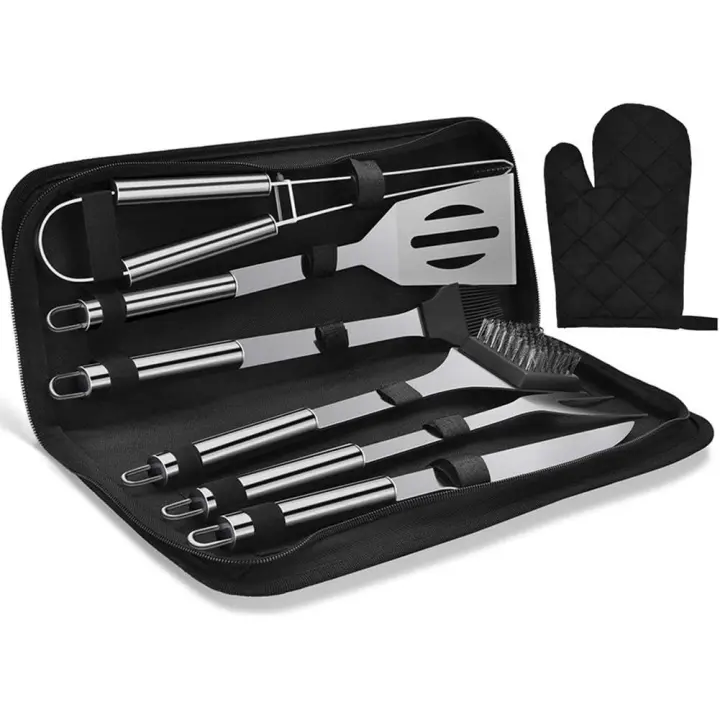 Kit de herramientas para barbacoa de acero inoxidable con bolsa de transporte, utensilios para barbacoa con guante para barbacoa para hombres y mujeres (7 piezas) - 1