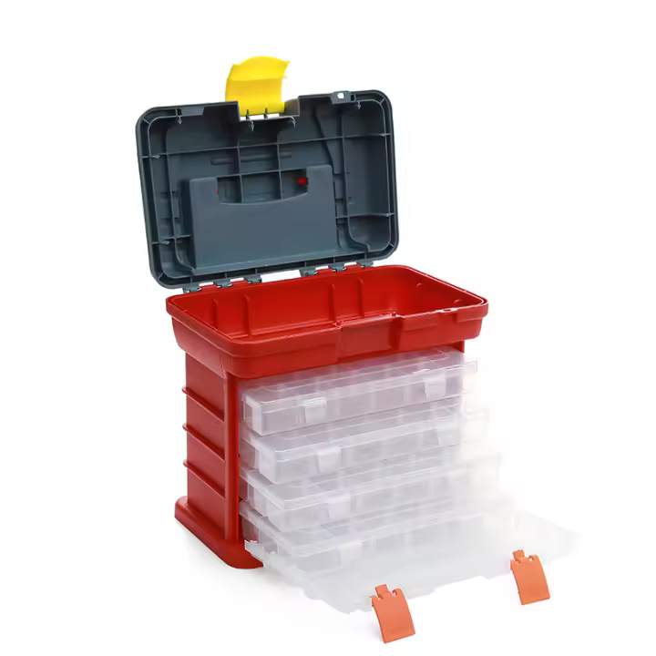 Caja de Herramientas tipo Cajonera con 4 Maletin 27x18x26,5 cm, Negra y Naranja, con varios compartimentos individuales. diferentes divisiones para almacenamientos de herramientas, bricolajes, tornillerias - 1