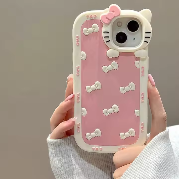Funda De Silicona Anticaída Con Diseño De Gato Hello Kitty 3D Para iPhone 15 14 13 Pro Max 11 12 13 Pro Estilo Y2K Con Borde Completo - 1