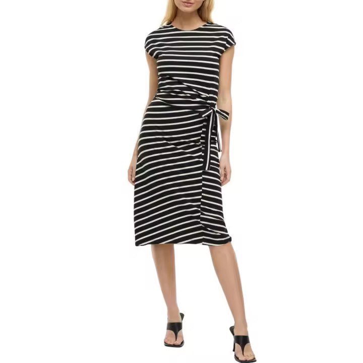 VIPOMPIA O-NECK CAP SLEEVE MIDI DRESS Black Stripe - 1