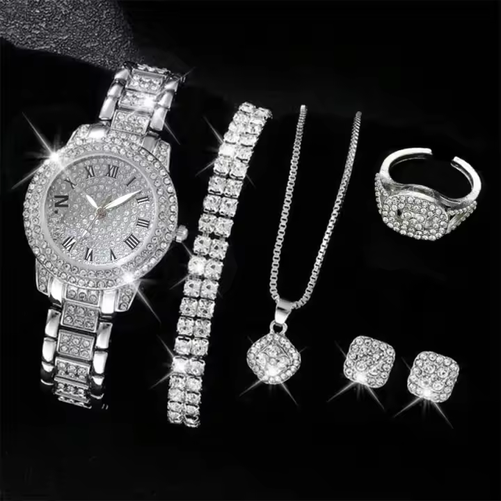 Reloj De Lujo Elegante Para Mujer 6PCS Con Cristal Y Aleación De Metal Reloj De Cuarzo Con Pulsera De Cristal Regalo Para Damas - 1