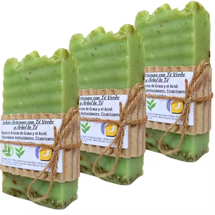 3 Jabones Artesanos Naturales con Té Verde y Árbol de Té. PumarShop Cinnia Natura. Regenerador. Indicado para Piel Grasa. Acné. Bactericida. Hechos a Mano. Apto Veganos - 1