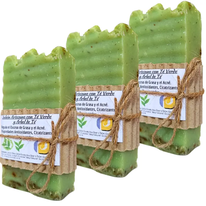 3 Jabones Artesanos Naturales con Té Verde y Árbol de Té. PumarShop Cinnia Natura. Regenerador. Indicado para Piel Grasa. Acné. Bactericida. Hechos a Mano. Apto Veganos - 1