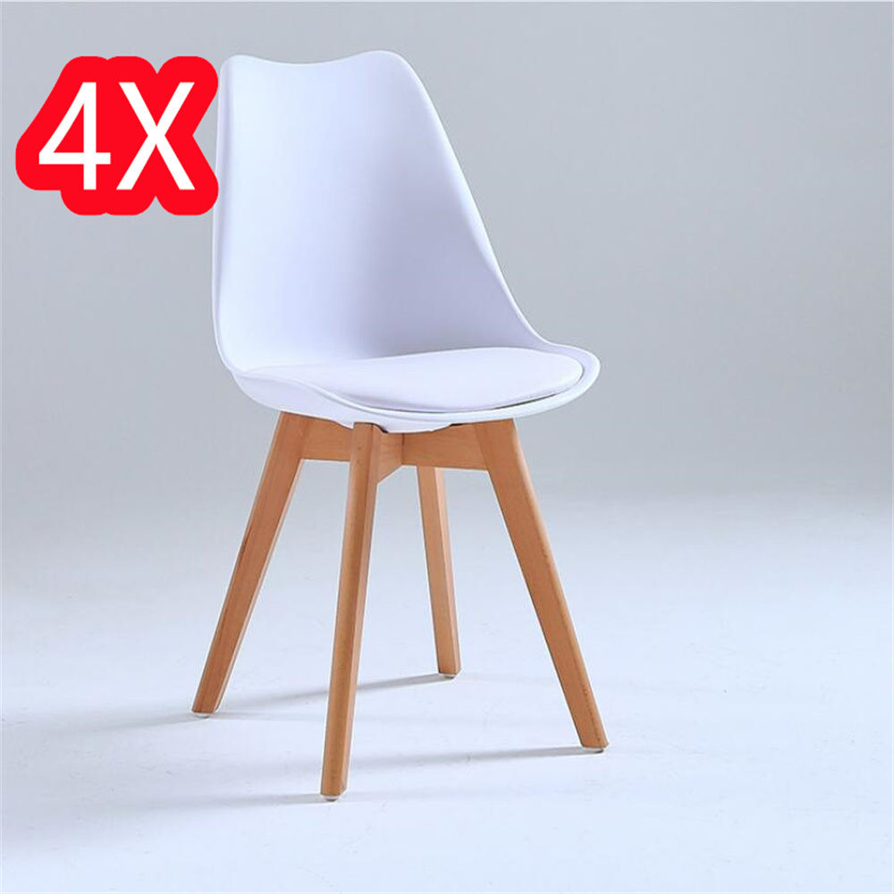 Juego de 4 sillas tulipán con patas de madera, mueble estilo nórdico medieval, con asiento acolchado de cuero sintético, para escritorio, comedor, dormitorio, balcón o restaurante BAR hosteleria, OFICINA Mesa de comedor nórdica  cocina, BLANCO