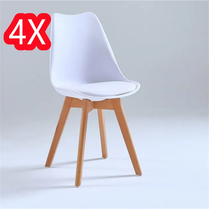 Juego de 4 sillas tulipán con patas de madera, mueble estilo nórdico medieval, con asiento acolchado de cuero sintético, para escritorio, comedor, dormitorio, balcón o restaurante BAR hosteleria, OFICINA Mesa de comedor nórdica  cocina, BLANCO - 1