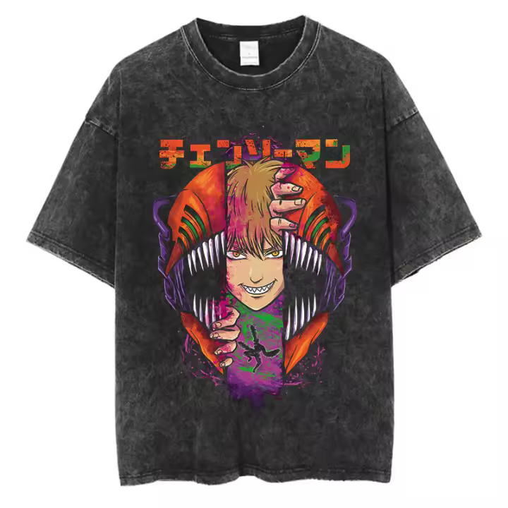 Camiseta Vintage Washed Chainsaw Man Anime Para Hombres Harajuku Oversize Tee Algodón Moda Streetwear Unisex Tops - 1