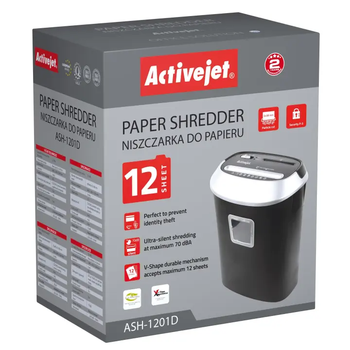 ActiveJet ASH-1201D - Destructora estándar P-3 (5 x 38 mm, 12 Hojas, 25 L) - 1