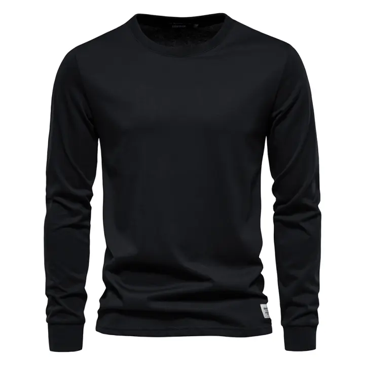 Camiseta De Algodón Sólida Para Hombre AIOPESON Con Cuello Redondo Y Mangas Largas Estilo Casual Para Primavera Y Otoño - 1