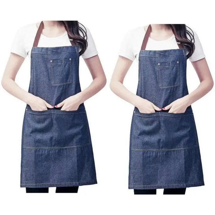 2 x Mezclilla Delantales de Cocinero Ajustables with Bolsills Grandes para Mujer Hombre para Cocinar Hornear BBQ Parrilla Pintura Delantal de Chef Barman - 1