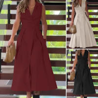 Vestido Midi Elegante ZANZEA Para Mujer Estilo Trabajo OL Verano Vuelta En El Cuello Sin Mangas Silueta A-Line Oficina Casual Longitud Media Pierna - details 1