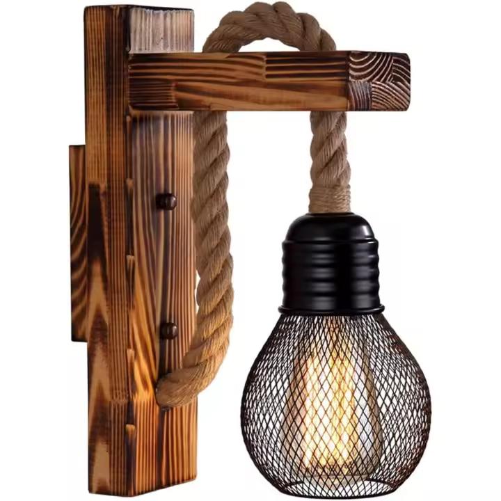 Aplique de pared de madera con cuerda de cáñamo, E27 LED retro, para sala de estar, mesita de noche, pasillo, cafetería o bar (sin bombilla). - 1