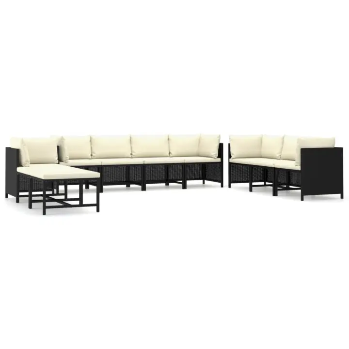 vidaXL Set de muebles de jardín 10 pzas cojines ratán sintético negro - 1