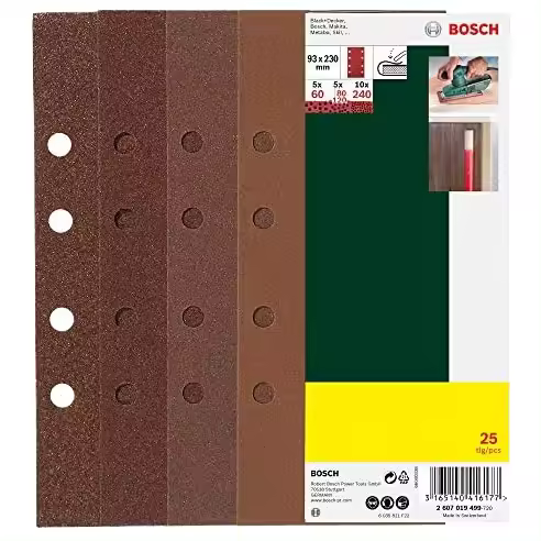Bosch 2607019499-Paquete de 25 Lijas Orbitales (93 X 230 Mm, 8 Perforaciones, GR 60, 80, 120, 240) para Lijado Uniforme - 1