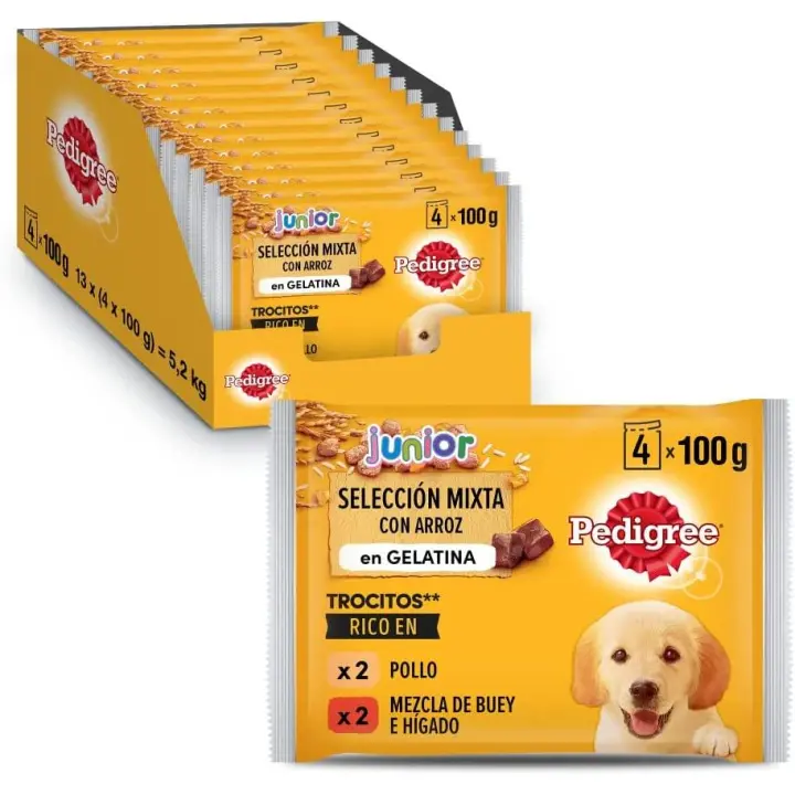 Pedigree - Comida húmeda para Perros Junior, Sabor Pollo y Buey con Arroz en Gelatina, Multipack (13 Packs x 4 bolsitas x 100g) - 1