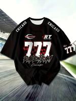 Camiseta Deportiva Casual Para Hombres Talla Grande Con Estampado De Carreras #77 Cuello Redondo Manga Corta Elástica Blending De Poliéster Transpirable Ligera Y De Secado Rápido - details 1