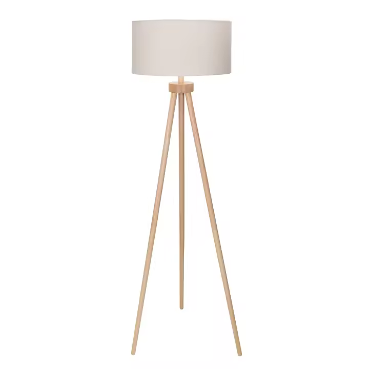 Aigostar lampara de pie salon vintage de madera trípode, lampara de pie con pantalla de lino e interruptor de pie, compatible con bombillas E27(Max.60W), madera maciza, estilo nórdico - 1