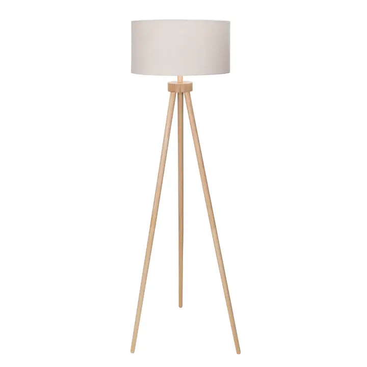 Aigostar lampara de pie salon vintage de madera trípode, lampara de pie con pantalla de lino e interruptor de pie, compatible con bombillas E27(Max.60W), madera maciza, estilo nórdico - 1