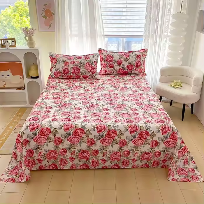 Sábana Plana De Cama Doble Con Estampado De Flor Roja Sábana Superior De Poliéster 100% Para Cama Individual/Reina/King - 1