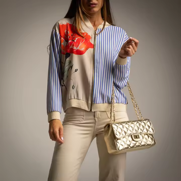 Chaqueta bomber mujer flores y rayas con detalles dorados – diseño exclusivo – WA Wild Animal – talla única - 1
