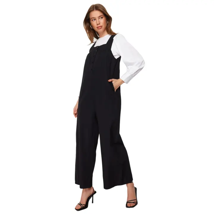 Trendyol Black Thick Straps, Button Detailed, Wide Leg, Woven Overalls Tctss22Tl0008 - 1