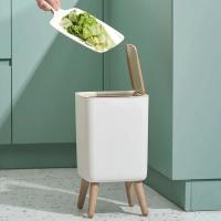 Bandeja De Basura Con Tapa Y Prensa Para Sala De Estar Baño Cocina Caja De Basura De Madera Imitada Con Pie Alto - details 2