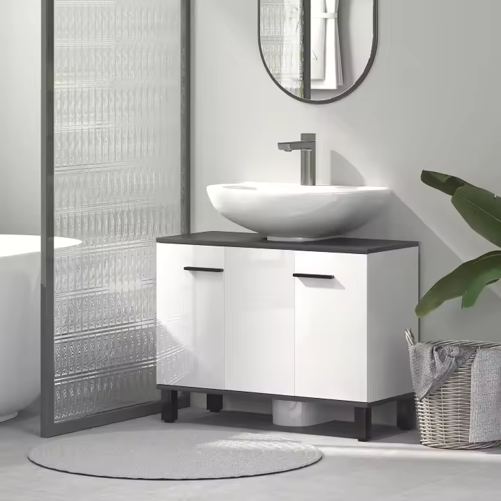 HOMCOM Mueble bajo Lavabo Mueble de Lavabo con Pie Mueble de Baño con 2 Puertas y Estantes Ajustables para Lavabo con Pedestal o con Pies 80x34x60 cm Blanco Brillante - 1