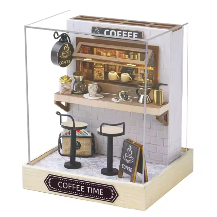 DAM. Colección Rincón de la felicidad, Tiempo de Café. Maqueta 3D realista con gran detalle, cubierta antipolvo y luces led. 9x9x12cm. - 1