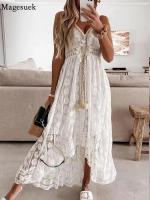 Vestido Bohemio Elegante De Mujer Con Encaje Y Diseño De Hombros Delgados Vestido De Verano Con Broche De Flor A-Line Midi Pullover Sin Mangas V-Neck - details 3