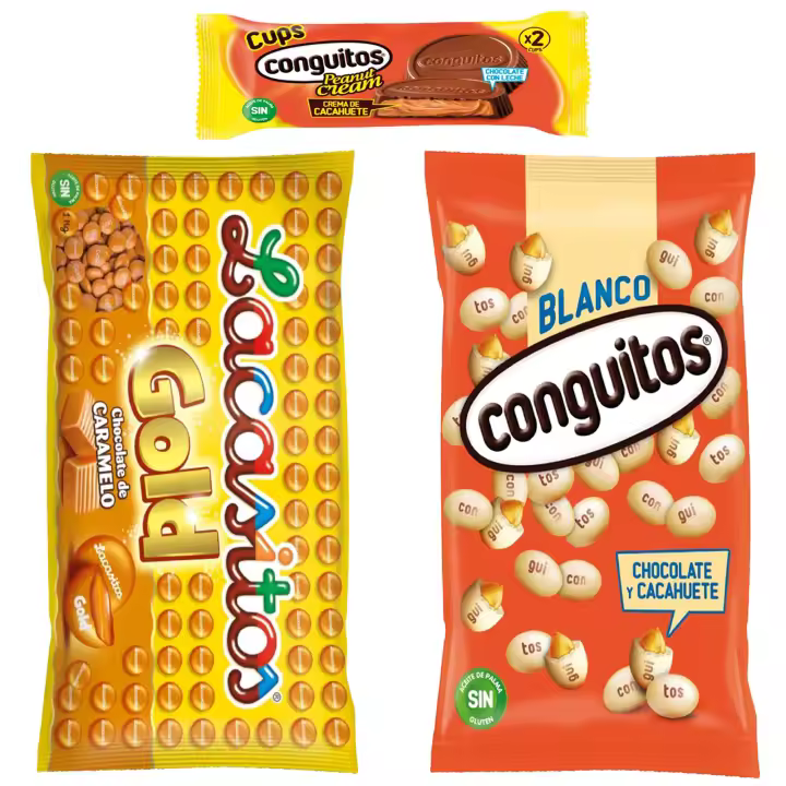 Pack Lacasitos gold bolsa 1kg,Conguitos blanco bolsa 1kg, cups leche 34g - 1