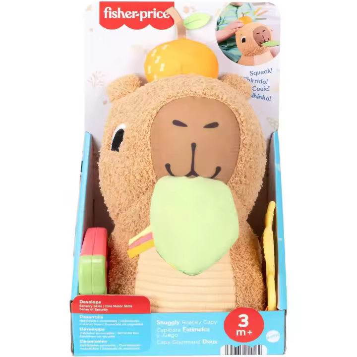 Fisher-Price Capibara Abracitos y jueguecitos Juguete sensorial de peluche con sonajero y mordedor para bebés recién nacidos a partir de 3 meses (Mattel HYR54) - 1