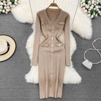 Vestido Midi De Punto REALEFT Para Mujer Con Cuello En V Manga Larga Y Falda Frontal Solta Estilo Casual Color Sólido Otoño Invierno - details 22