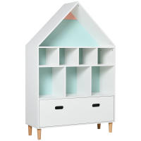 HOMCOM Estantería de Madera Infantil Forma de Casa Librería para Niños con Compartimentos Abiertos y Cajón de 2 Colores Blanco - details 0