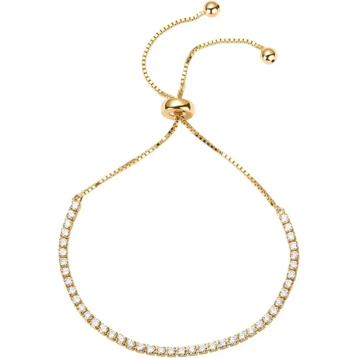 Pulsera DE TENIS Clásica de zirconia cúbica Chapada en oro de 14 Quilates para Mujer | Deslizador ajustable de Oro Amarillo - 1