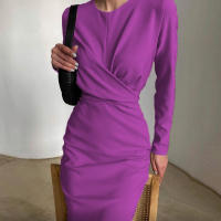 Vestido Bodycon Midi De Otoño Invierno Para Mujer Con Manga Larga Cuello Redondo Elegante Y Chic Ajustado Para Oficina Y Calle - details 10