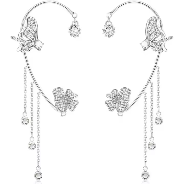 2 pendientes de orejas, pendientes de Puño de Mariposa pendientes de orejas de Mariposa sin perforación pendientes de Dama con borlas de Flores - 1
