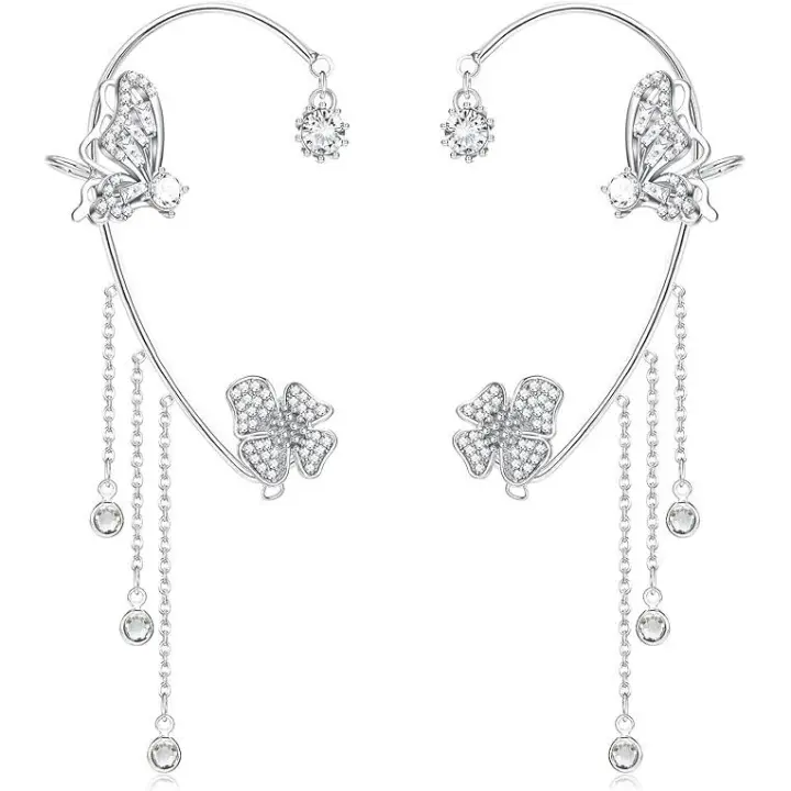 2 pendientes de orejas, pendientes de Puño de Mariposa pendientes de orejas de Mariposa sin perforación pendientes de Dama con borlas de Flores - 1