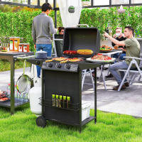 Outsunny Barbacoa de Gas BBQ Gas con 3+1 Quemadores 9,5 kW Barbacoa Portátil con Termómetro Mesa Lateral Estante Especiero Parrilla Recogedor de Grasa 2 Ruedas para Jardín Exterior Camping Negro - details 1