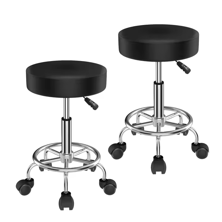 Aqrau Juego de 2 taburetes giratorios, taburetes con ruedas, altura regulable, taburete de trabajo, silla giratoria, taburete de práctica, taburete de cosmética, ruedas, negro - 1