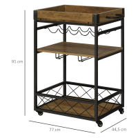 HOMCOM Carro de Cocina Carrito de Servicio Móvil Multiusos con 3 Estantes Bandeja Botellero Soporte Copas y barra para Comedor 77x44,5x91 cm Madera Rústica - details 3