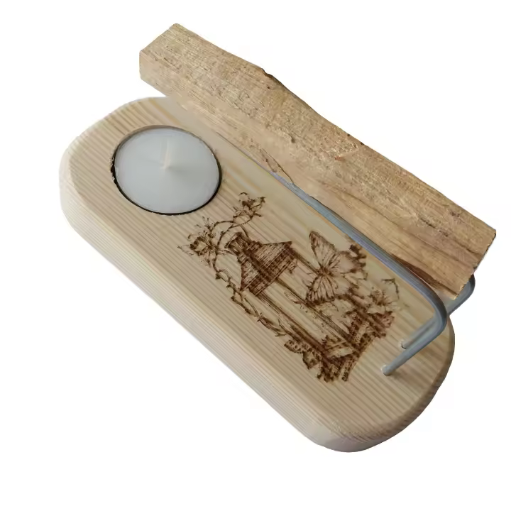 YA-DECOREGALOS Set Quemador artesanal Madera para Palo santo, Inciensos o atados, grabado imagen de Farol con mariposas, varillas metalicas palo santo y vela té incluidas, MARCA YA-DECOREGALOS - 1