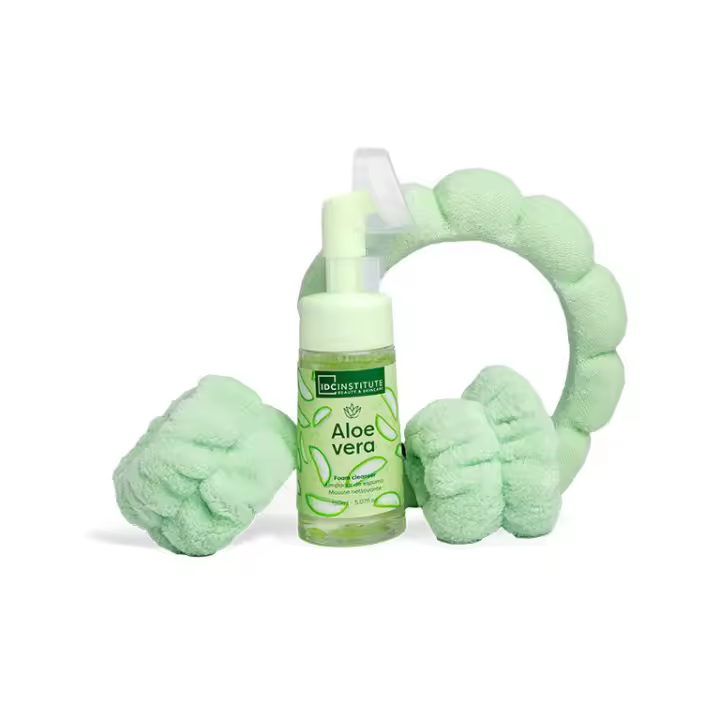 Kit 3 piezas cuidado facial Limpiador Facial de Espuma de Aloe Vera+Diadema+muñequeras IDC Institute 90132 - 1