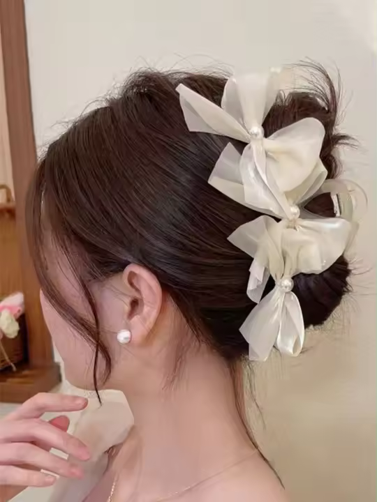 Pinza Para El Cabello De Orgánza Con Perla Y Lazo Coresional Elegante Y Dulce Para Mujer Estilizada Para El Verano Y Primavera - 1