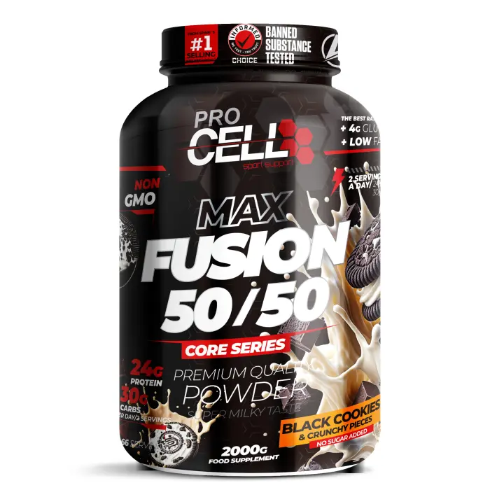 Proteina + Carbohidratos  - Fusion Protein Core 50/50 2 Kg - Procell Sport - Sabor Black Cookies - Proteína Multifuente y Carbohidratos para Recuperación y Energía - 1