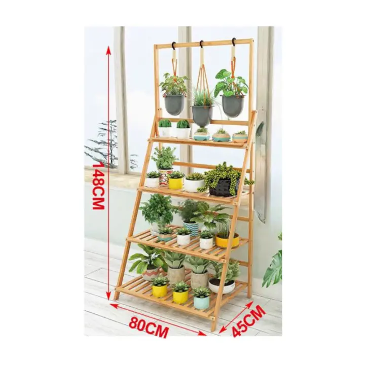 Estantería plegable de Bambú para plantas y macetas con diseño para colgar macetas (no incluye colgadores) , organizador de balcón, de jardín. Organizador diseñado de 3 niveles y 4 niveles - 1