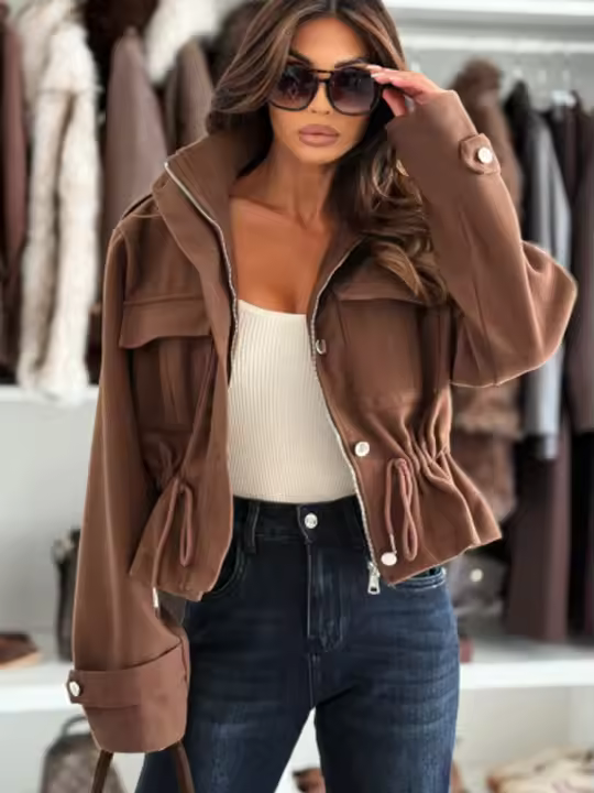 Nueva Moda Chaqueta De Mujer Con Cierre De Cremallera Larga Para Otoño E Invierno Estilo Elegante Oficina Abierta Por Zíper Casual Gruesa - 1