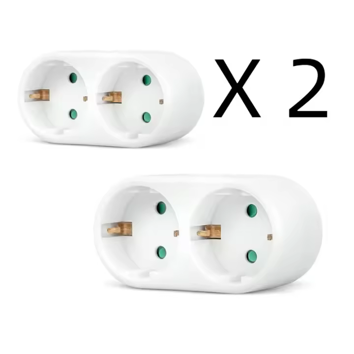 2*Adaptador 2 tomas Schuko, adaptador 2 enchufes, ladron doble frontal, enchufe multiple con 2 tomas, ladron de enchufes 2 x 16A, con proteccion para niños, max 3680W, color blanco, Don Feliz - 1