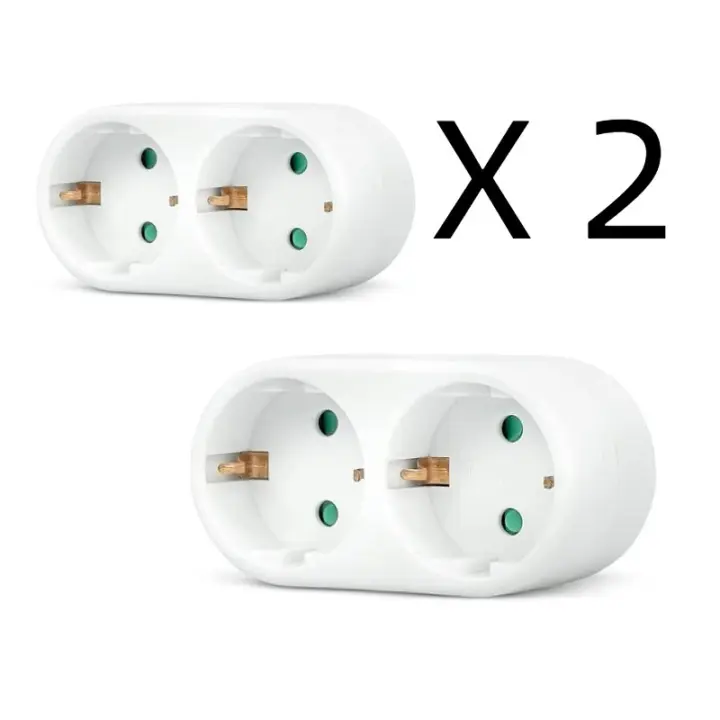 2*Adaptador 2 tomas Schuko, adaptador 2 enchufes, ladron doble frontal, enchufe multiple con 2 tomas, ladron de enchufes 2 x 16A, con proteccion para niños, max 3680W, color blanco, Don Feliz - 1
