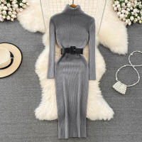Vestido Bodycon Elegante Con Cuello Alto Y Cinturón REALEFT Para Mujer Otoño Invierno 2024 Vestido De Manga Larga De Punto Ajustado Hasta La Rodilla - details 50