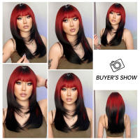 Pelucas Sintéticas Largas De Henry Margu Con Raya Lateral Y Flequillo Ombre Rojo a Negro Resistente Al Calor Peluca Natural Para Mujeres - details 0